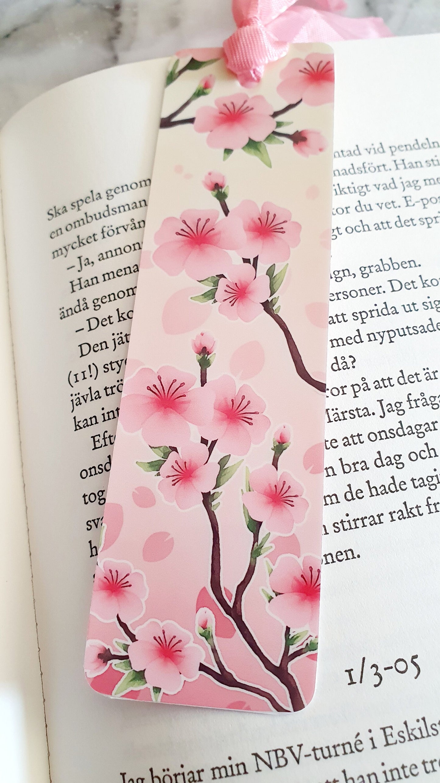 Lovely Cherry Blossom - Bookmark laminated with ribbon