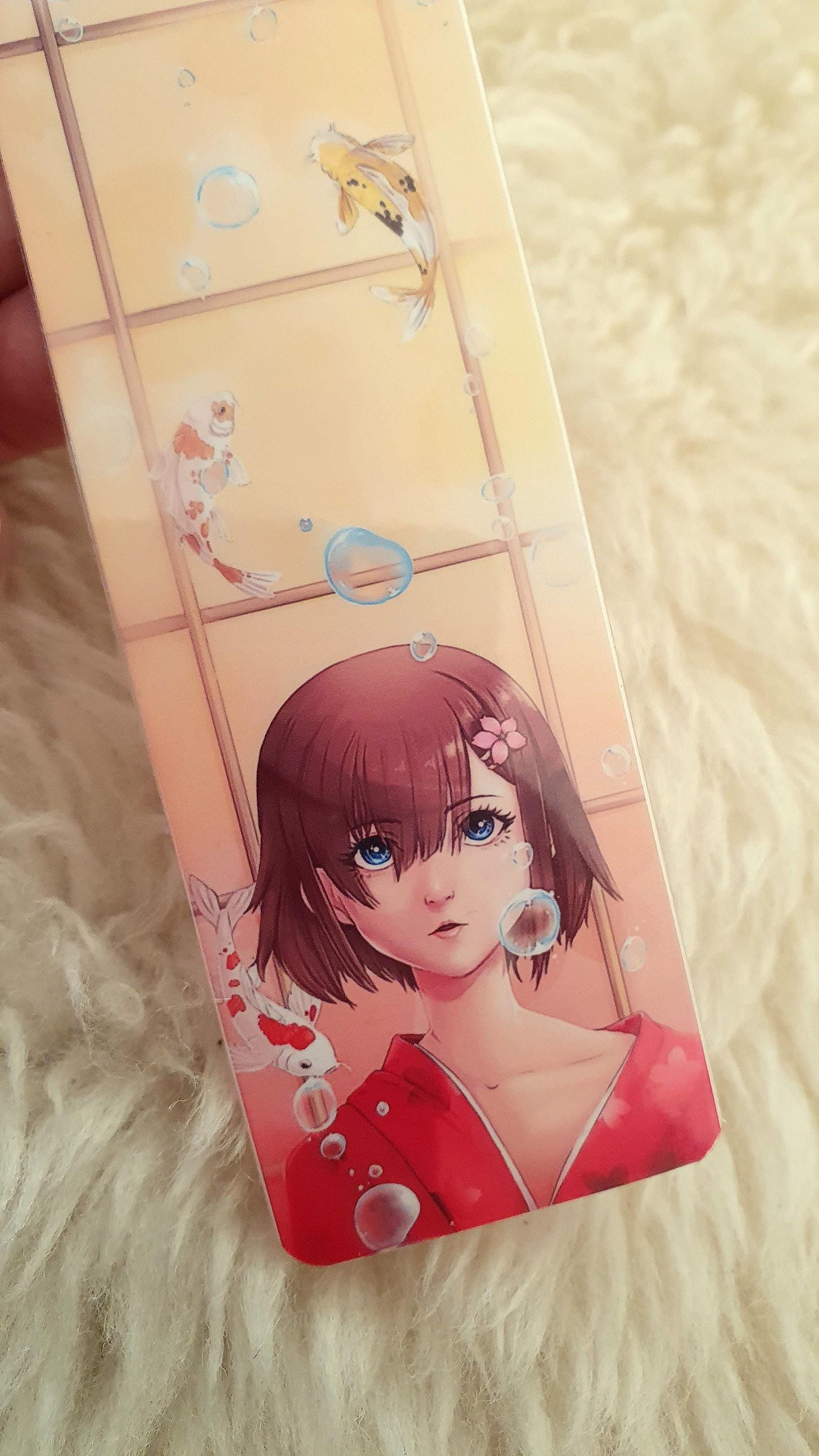 Kimono girl with floating koi fish - laminated bookmark with ribbon