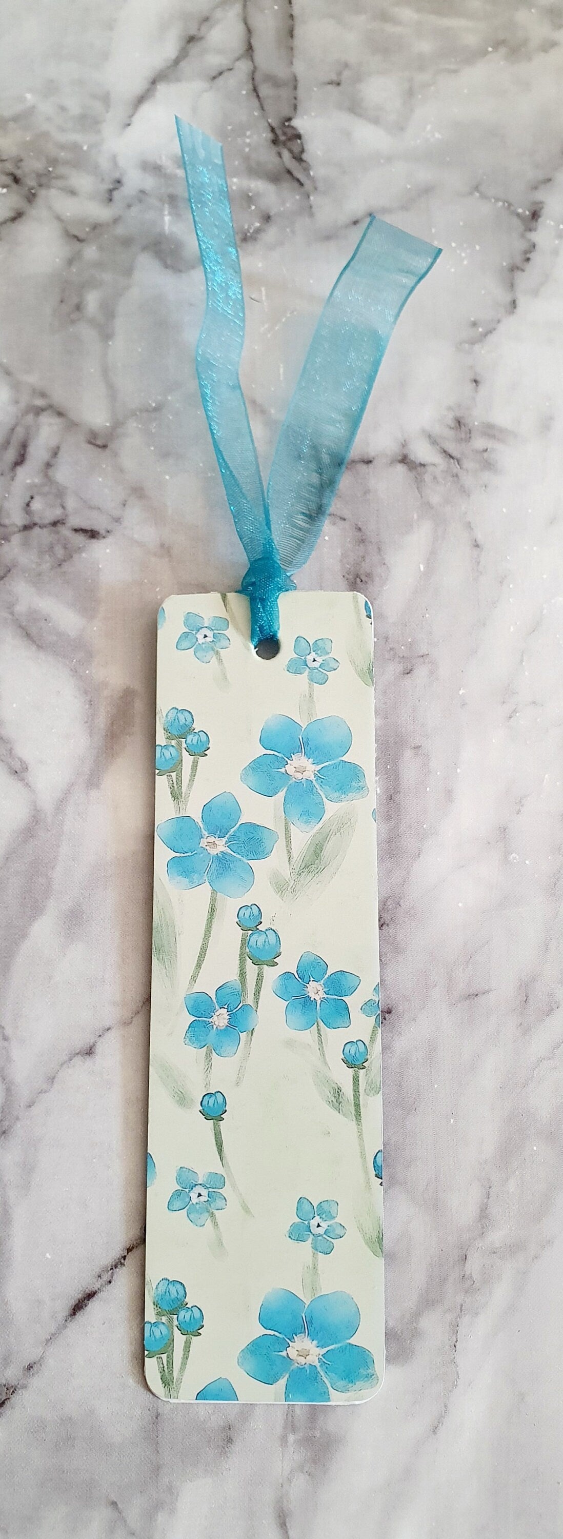Delightful Forget me not flower - Bookmark laminated with ribbon