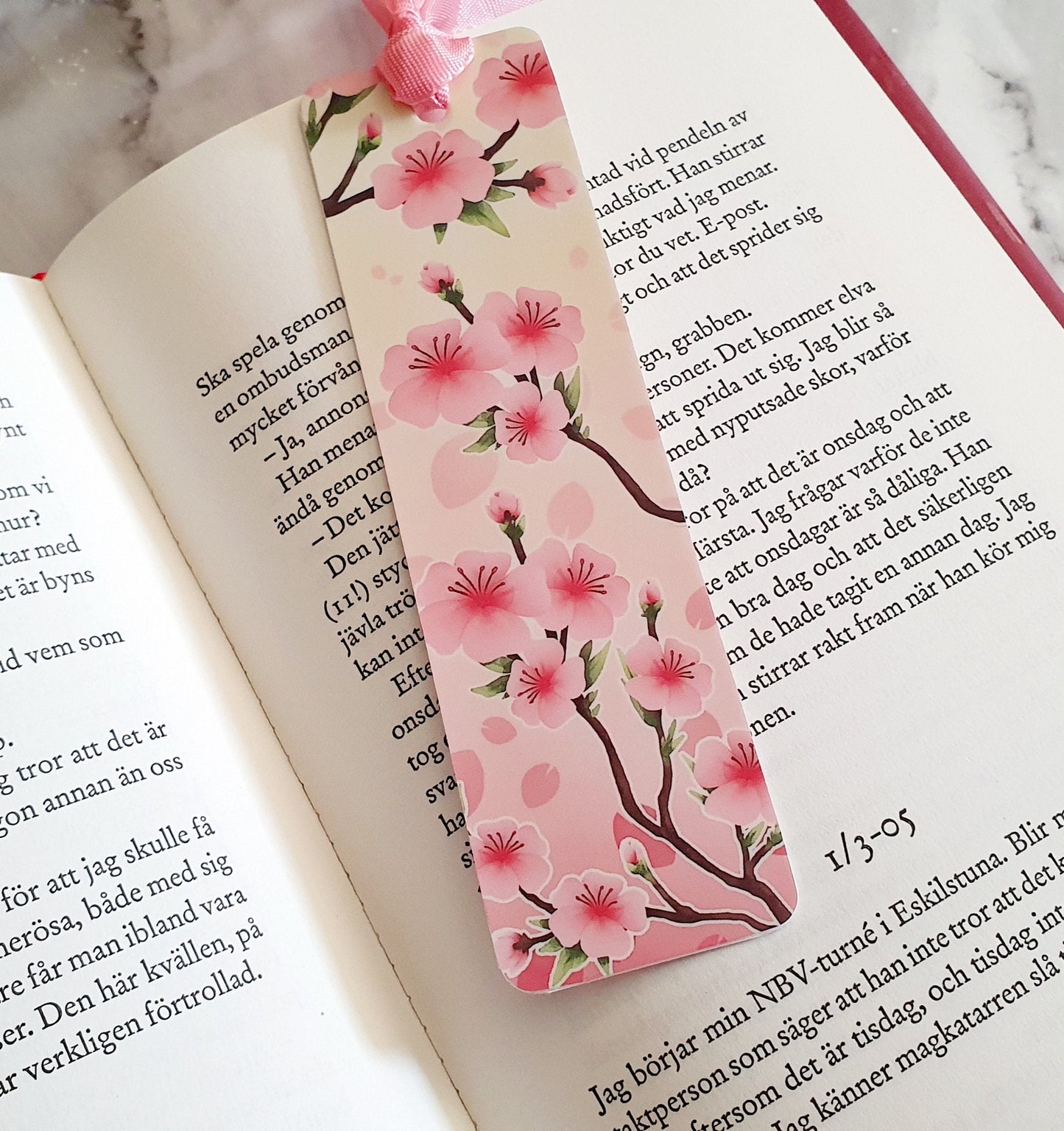 Lovely Cherry Blossom - Bookmark laminated with ribbon