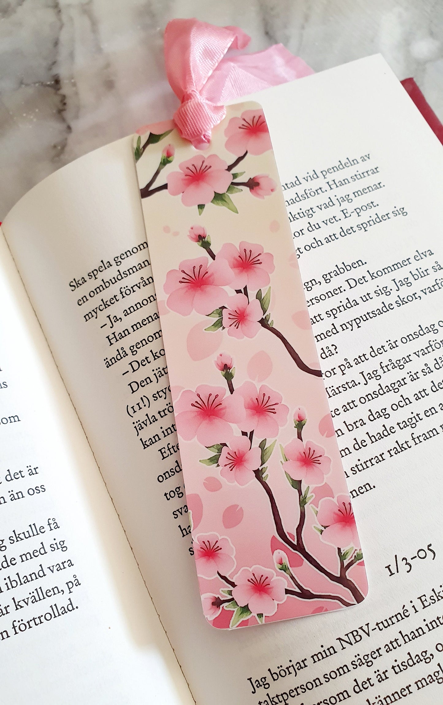 Lovely Cherry Blossom - Bookmark laminated with ribbon