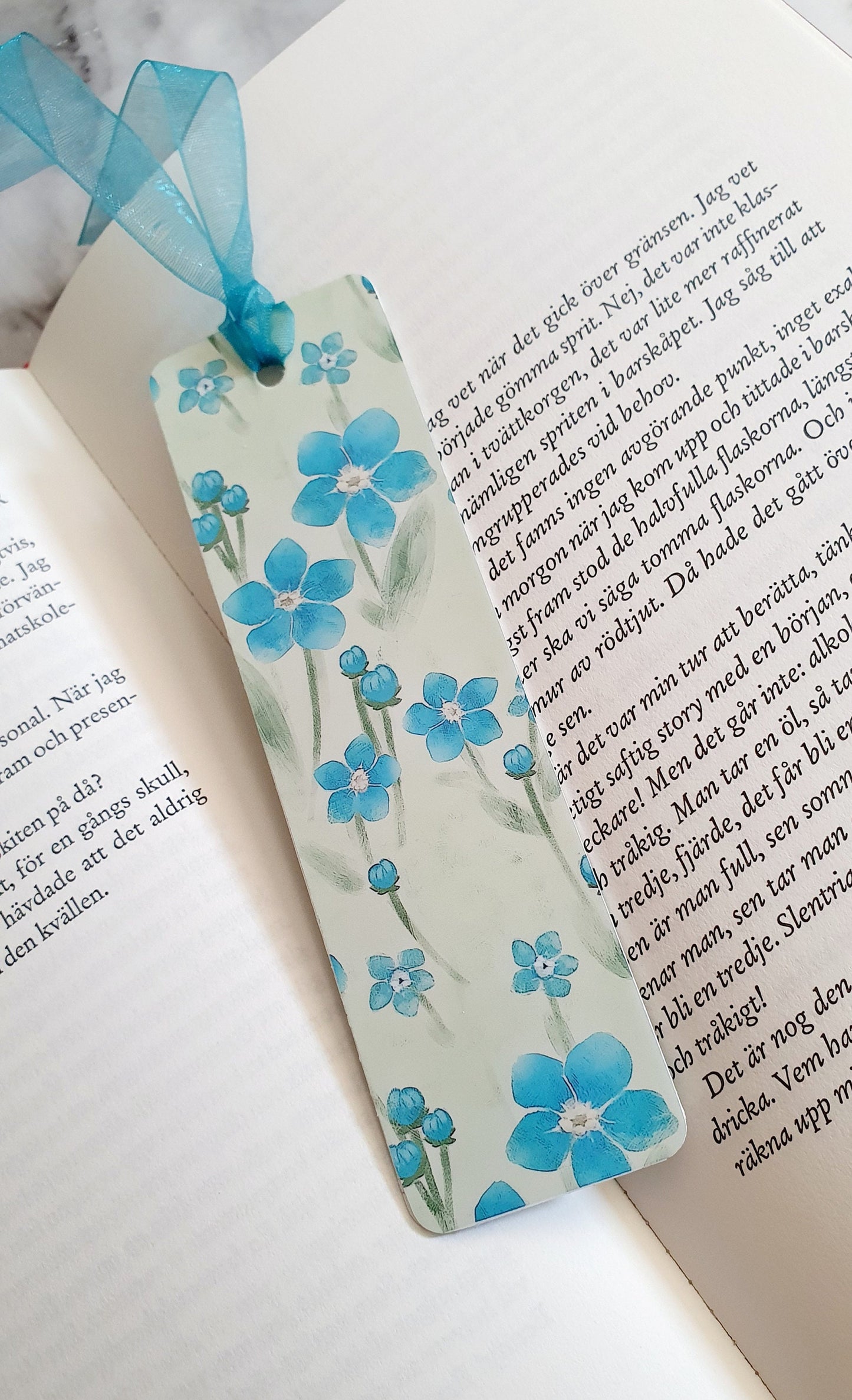 Delightful Forget me not flower - Bookmark laminated with ribbon