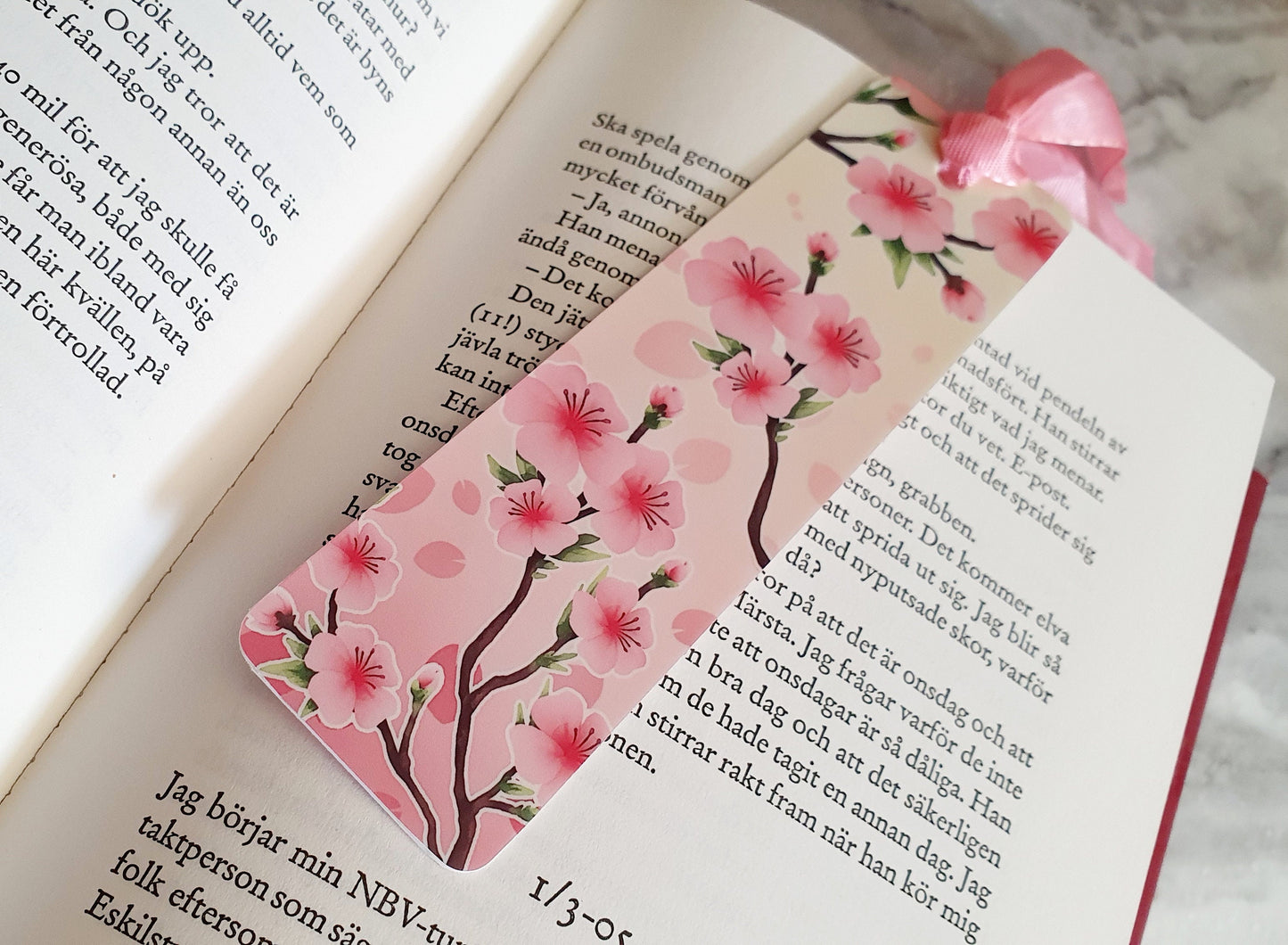 Lovely Cherry Blossom - Bookmark laminated with ribbon