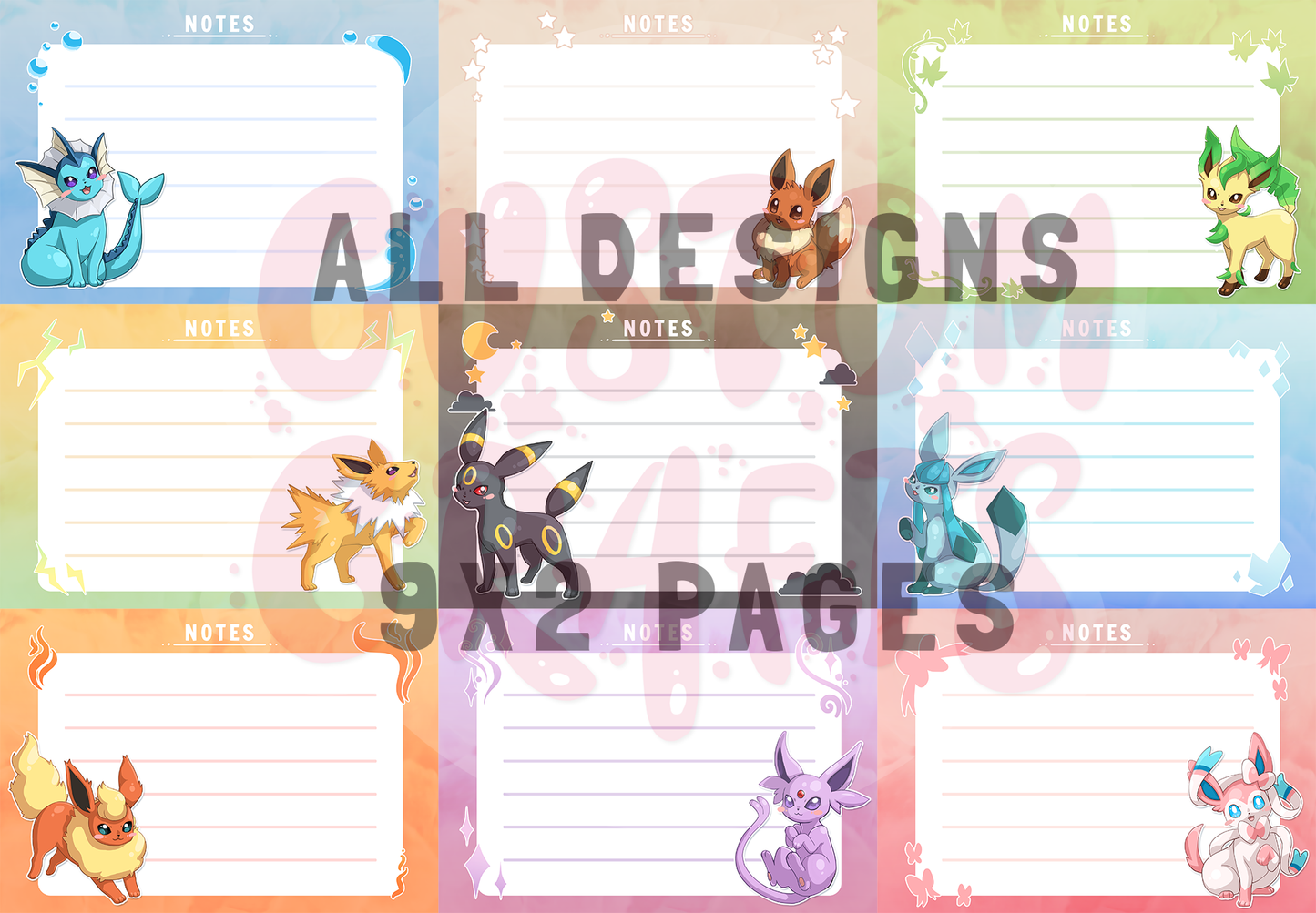Cute Eeveelutions notepads with 9 designs , large or small