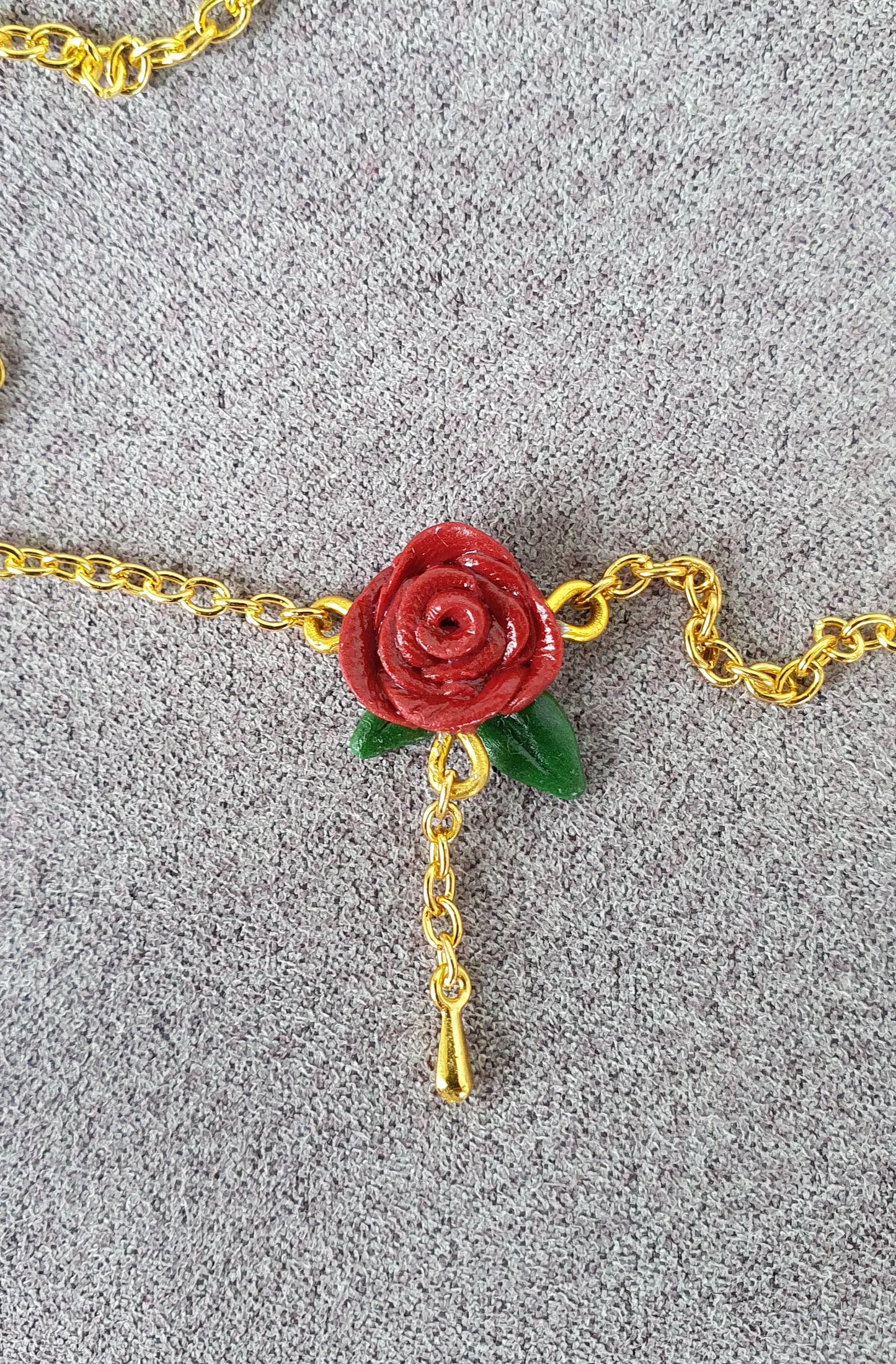 Rose stud earrings and necklace with golden chains, gift set