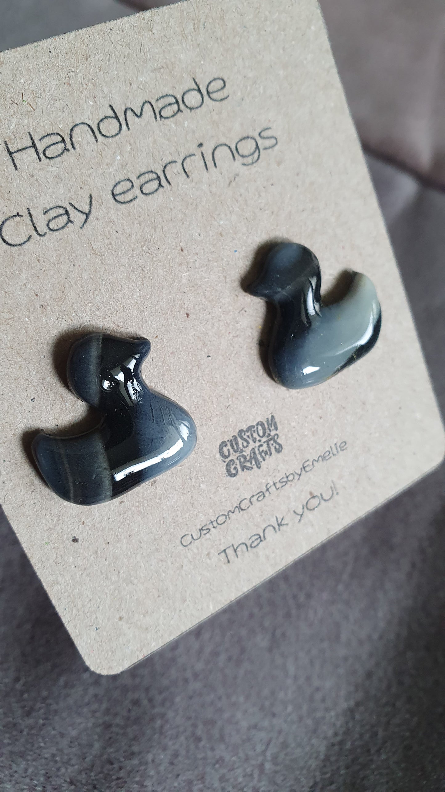 Handmade polymer clay stud earrings - Adorable black rubber duck