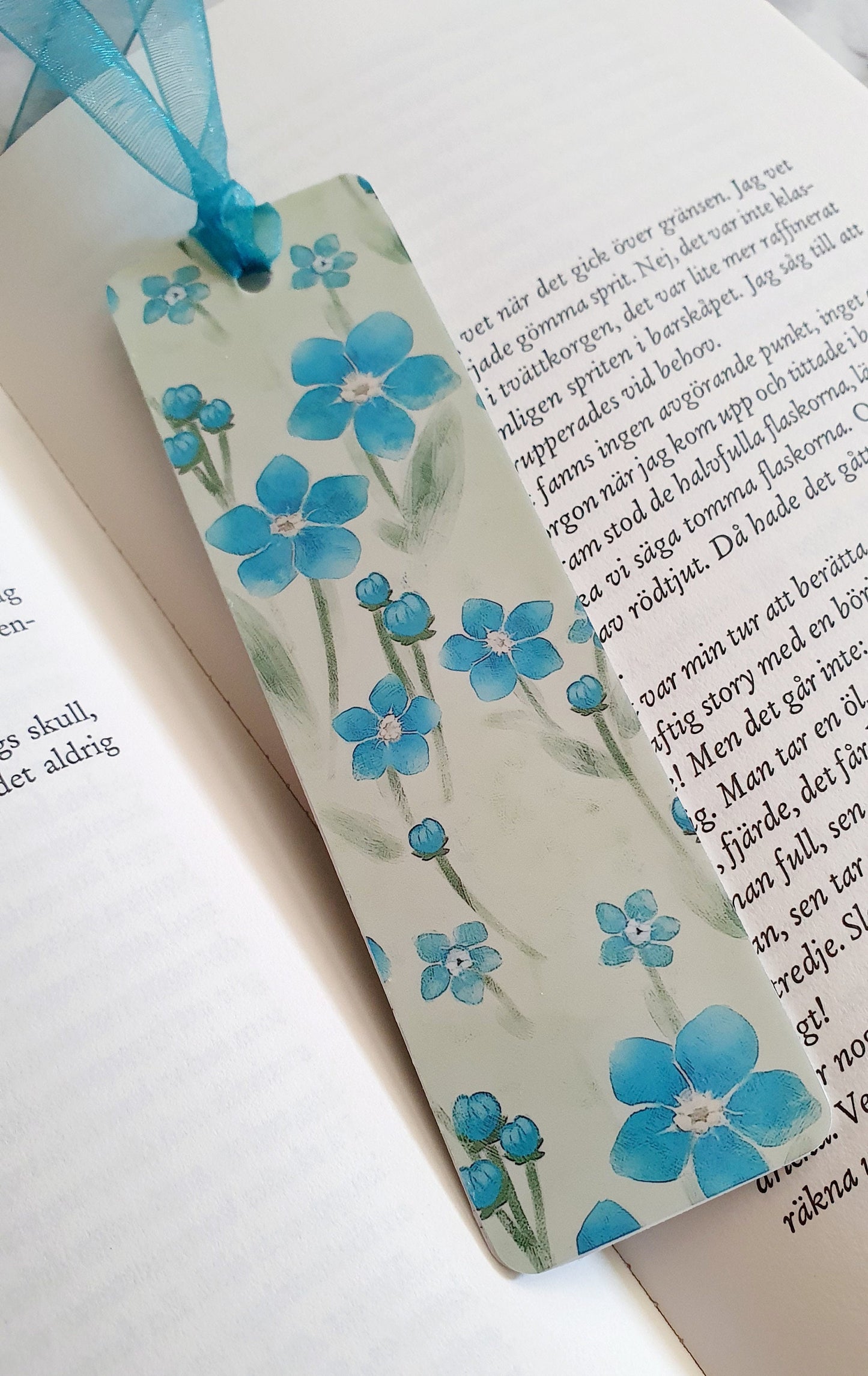 Delightful Forget me not flower - Bookmark laminated with ribbon