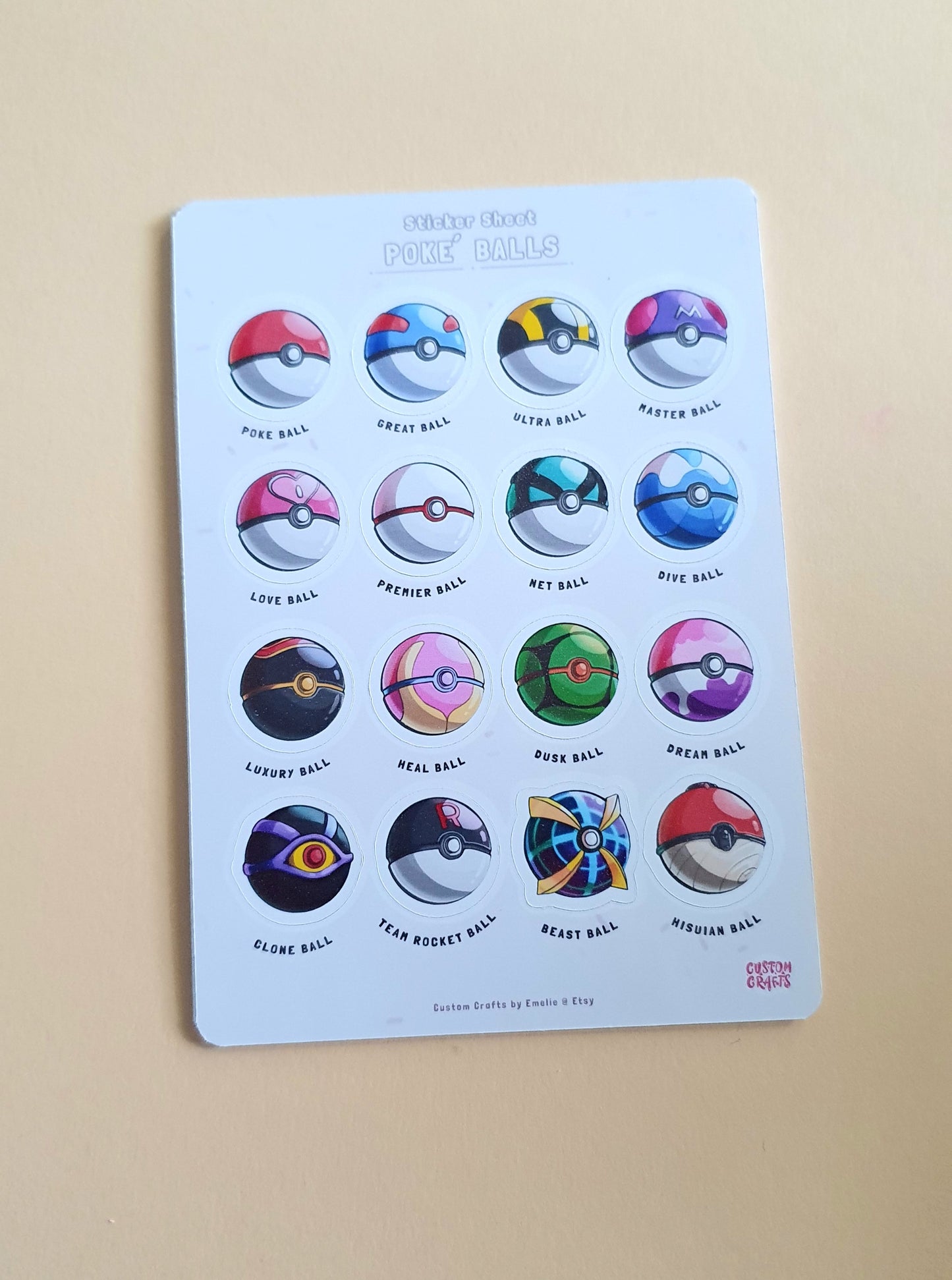 Poke ball sticker sheet with 16 stickers