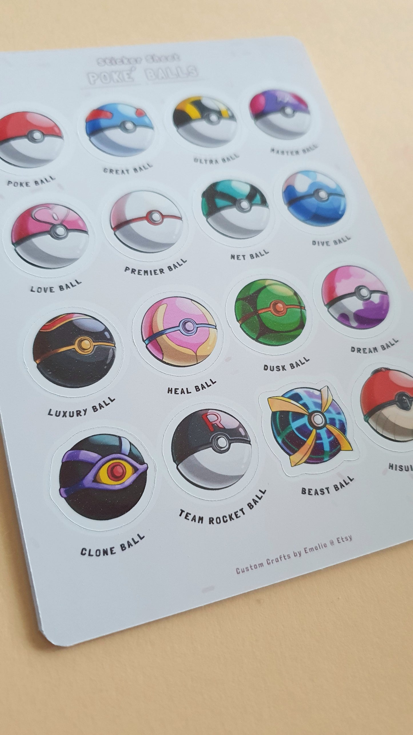 Poke ball sticker sheet with 16 stickers