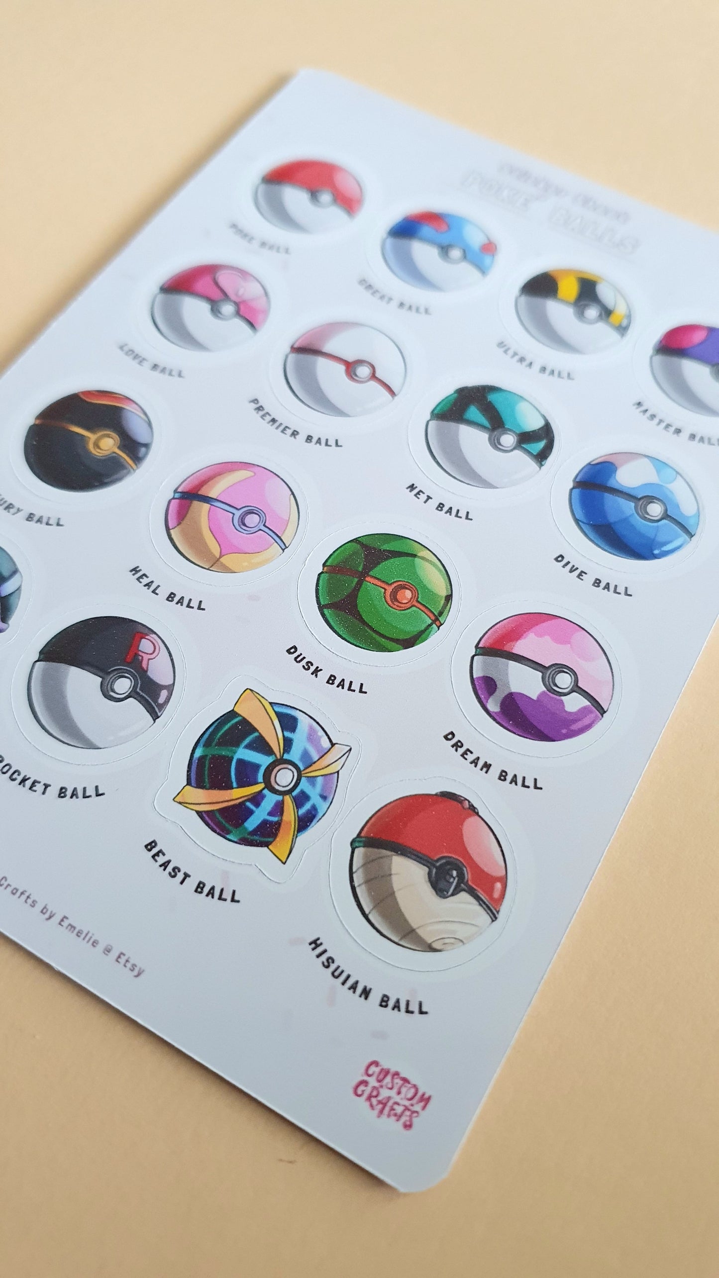 Poke ball sticker sheet with 16 stickers