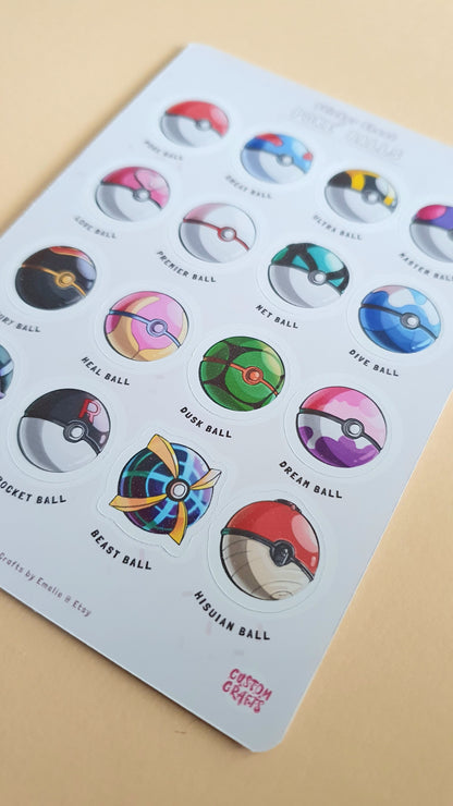 Poke ball sticker sheet with 16 stickers
