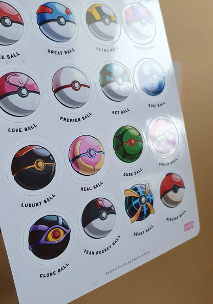 Poke ball sticker sheet with 16 stickers