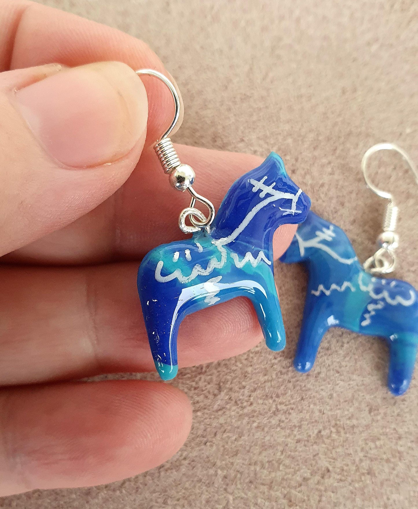 Handmade polymer clay hook earrings - Dalecarlia horse