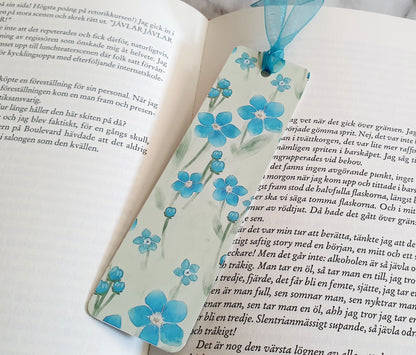 Delightful Forget me not flower - Bookmark laminated with ribbon