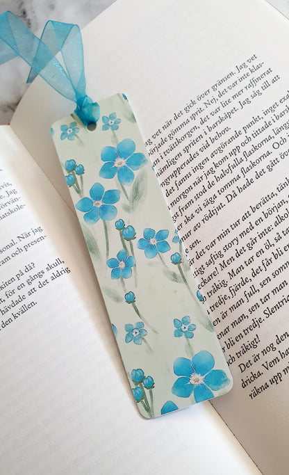 Delightful Forget me not flower - Bookmark laminated with ribbon