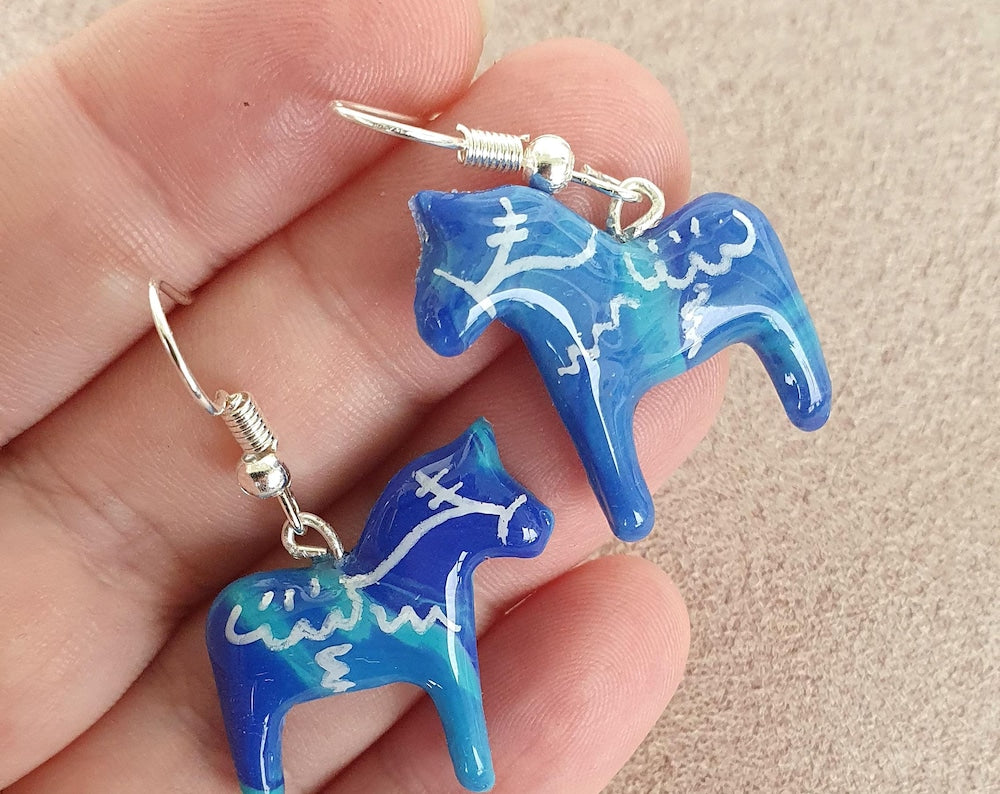 Handmade polymer clay hook earrings - Dalecarlia horse