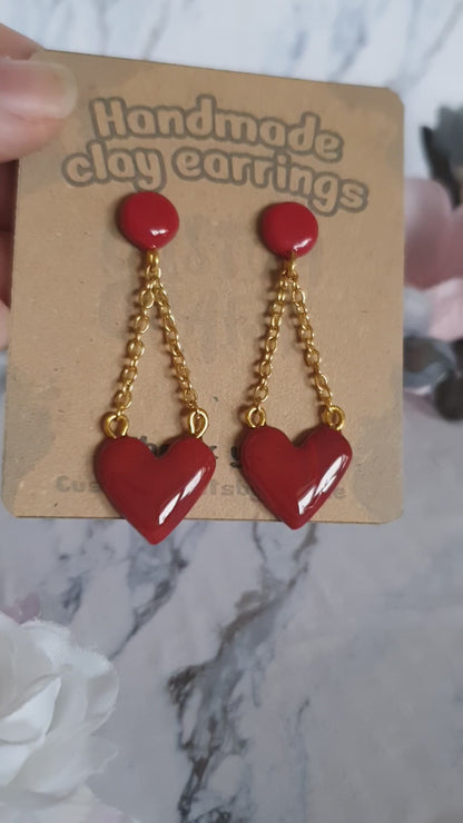 Chained heart stud earrings - hand made in polymer clay