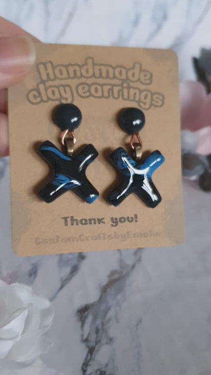 Blue and black crosses - hand made stud earrings