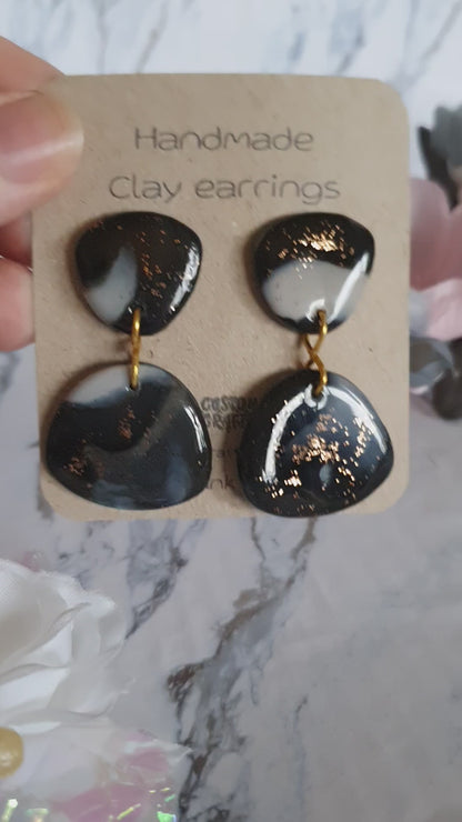 Big black and bronze stud earrings - hand made in polymer clay