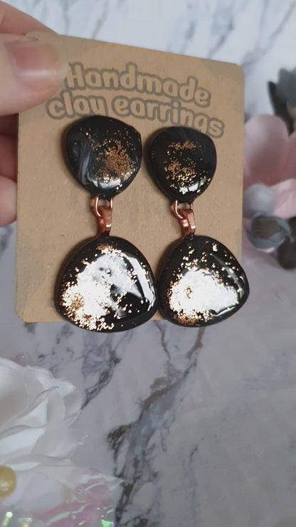 Big black and bronze stud earrings - hand made in polymer clay