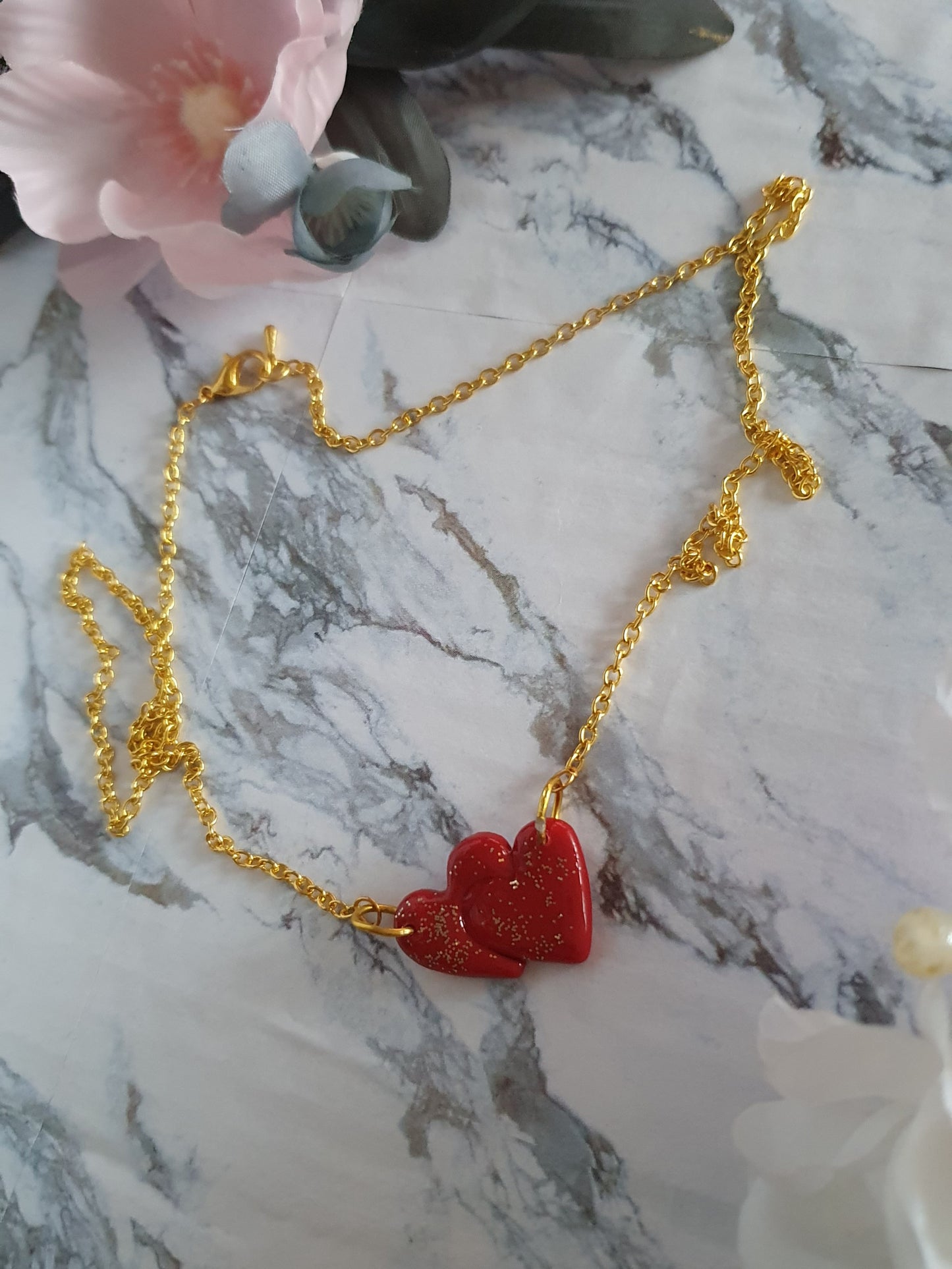 Linked Hearts *Sparkly Hearts* - handmade polymer clay necklace