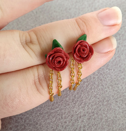 Rose stud earrings with golden chains