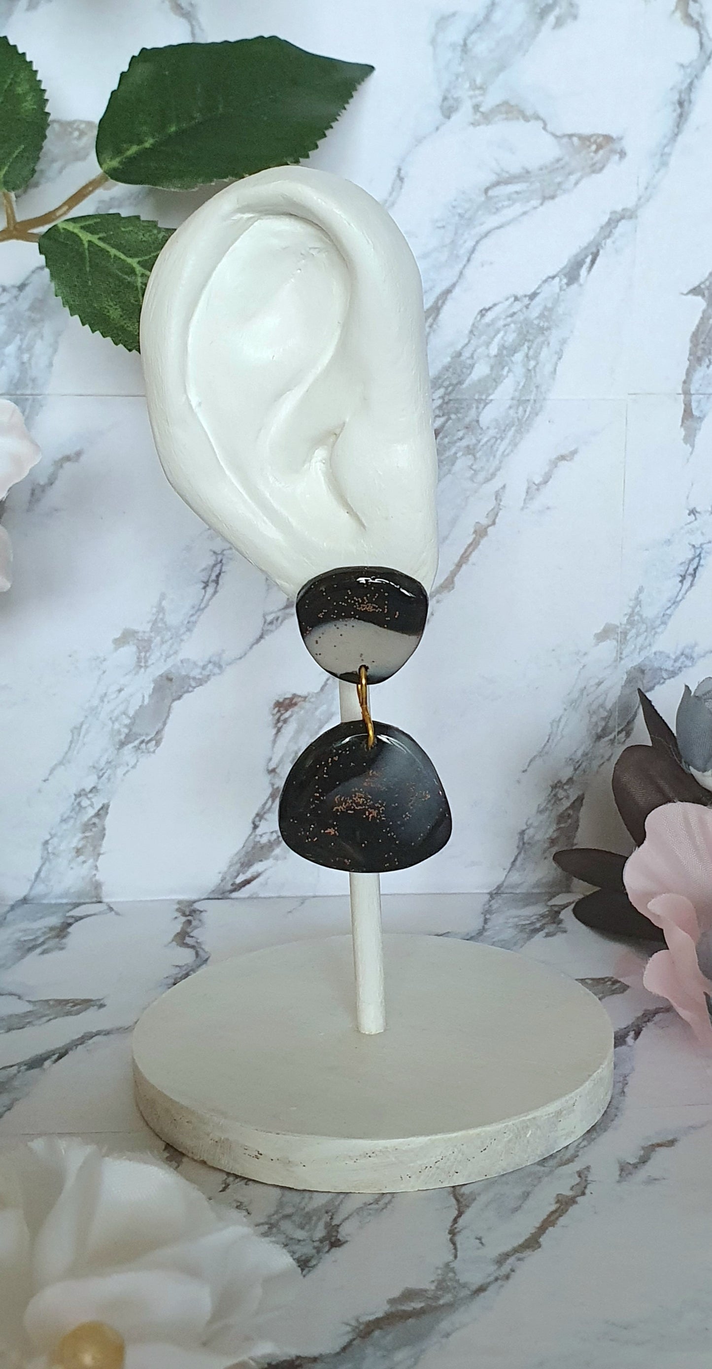 Big black and bronze stud earrings - hand made in polymer clay