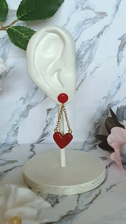 Chained heart stud earrings - hand made in polymer clay