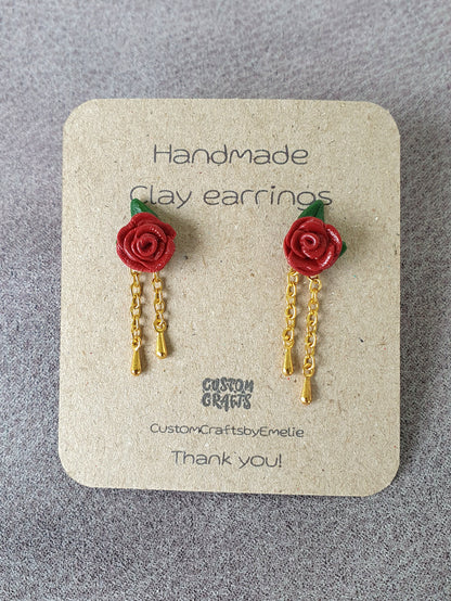 Rose stud earrings with golden chains