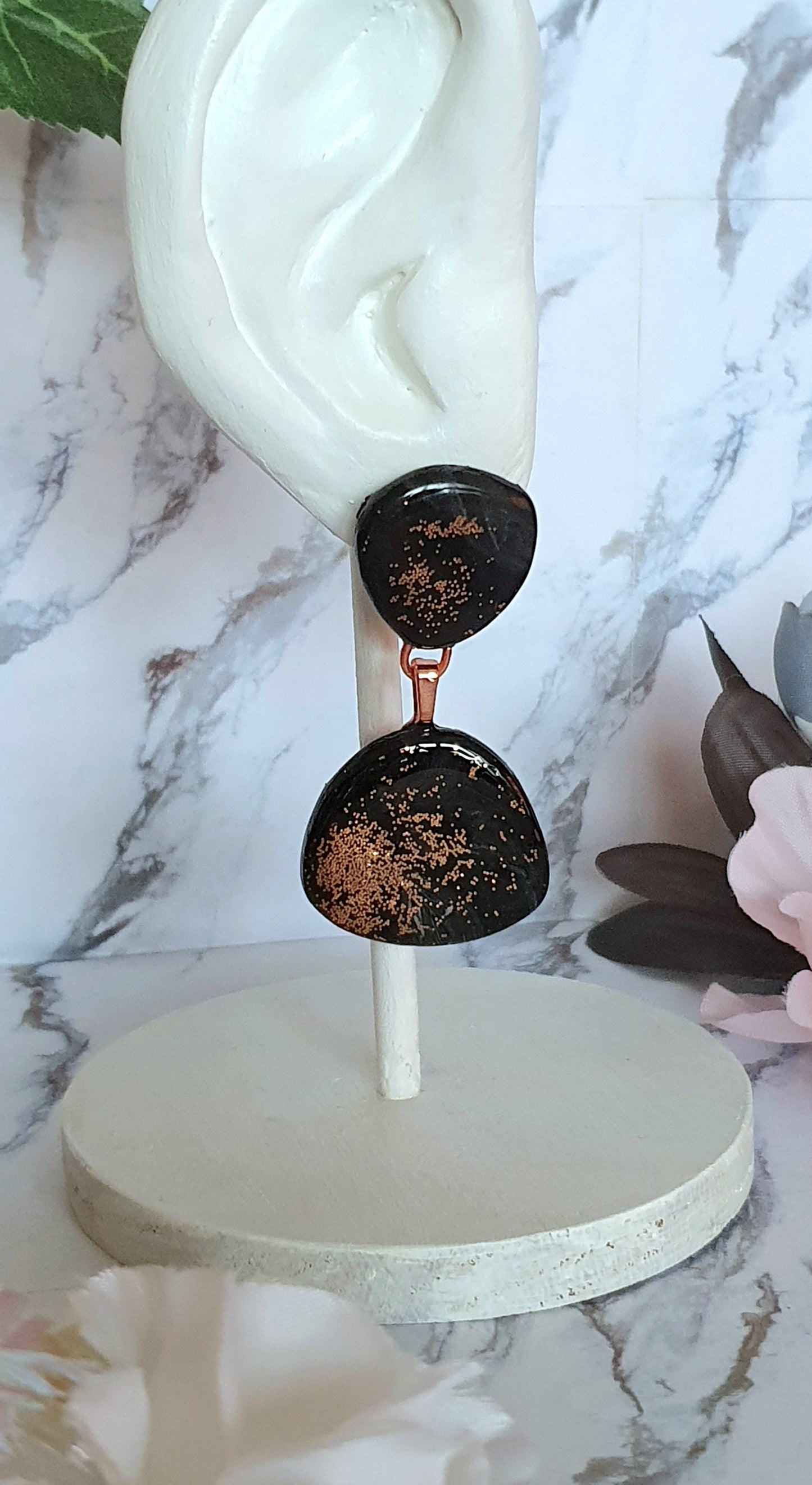 Big black and bronze stud earrings - hand made in polymer clay