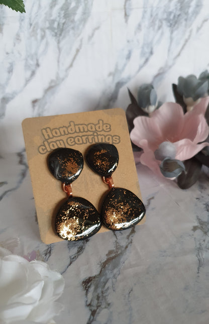 Big black and bronze stud earrings - hand made in polymer clay