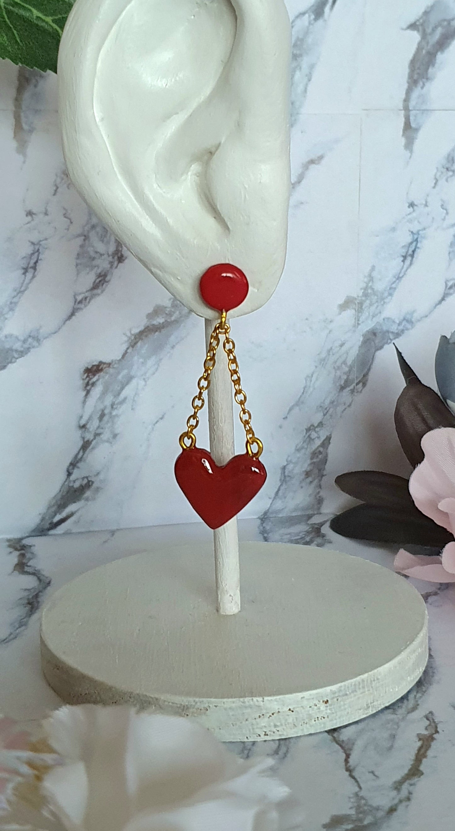 Chained heart stud earrings - hand made in polymer clay