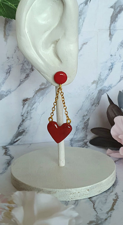 Chained heart stud earrings - hand made in polymer clay