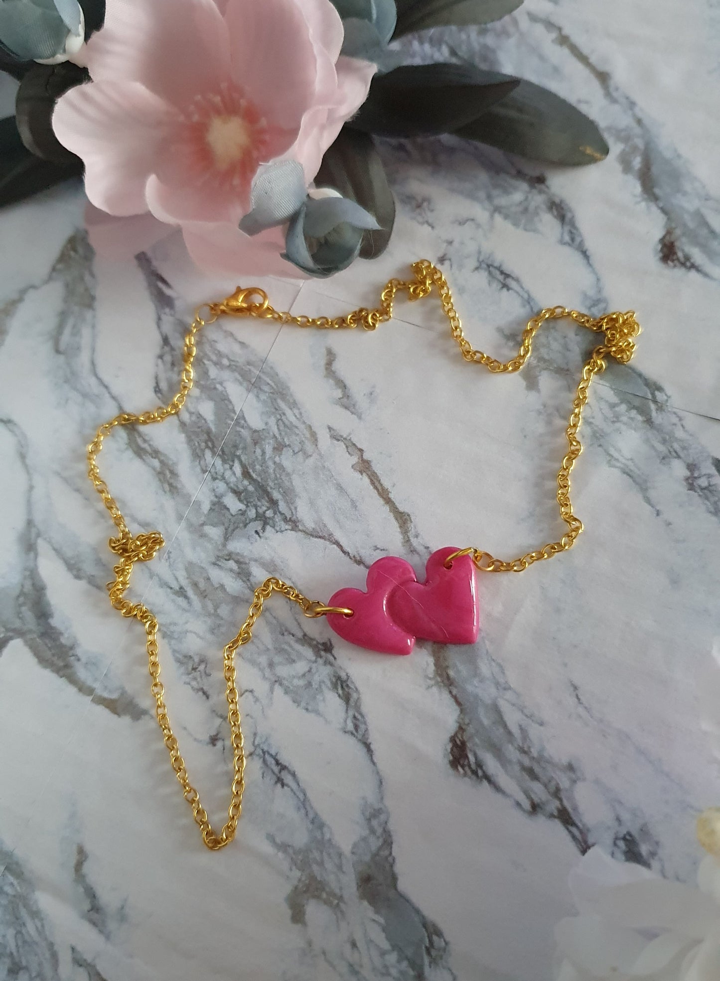 Linked Hearts *pink* - handmade polymer clay necklace