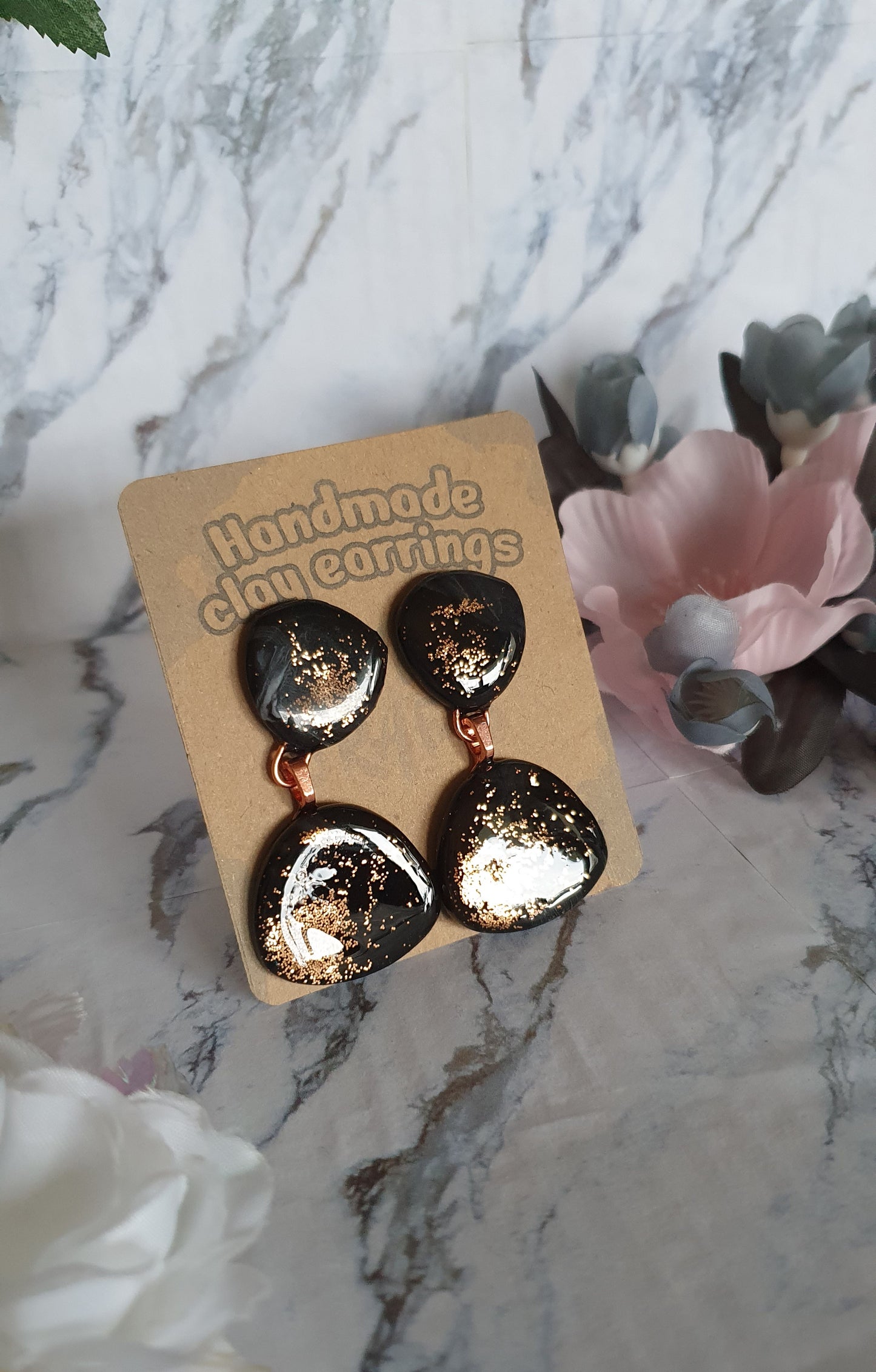 Big black and bronze stud earrings - hand made in polymer clay