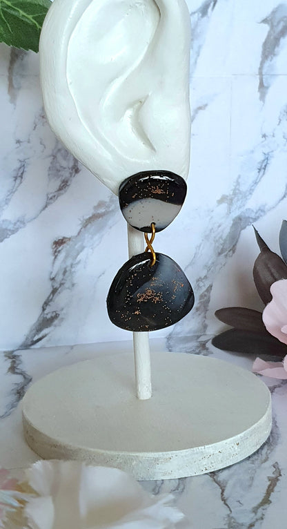 Big black and bronze stud earrings - hand made in polymer clay