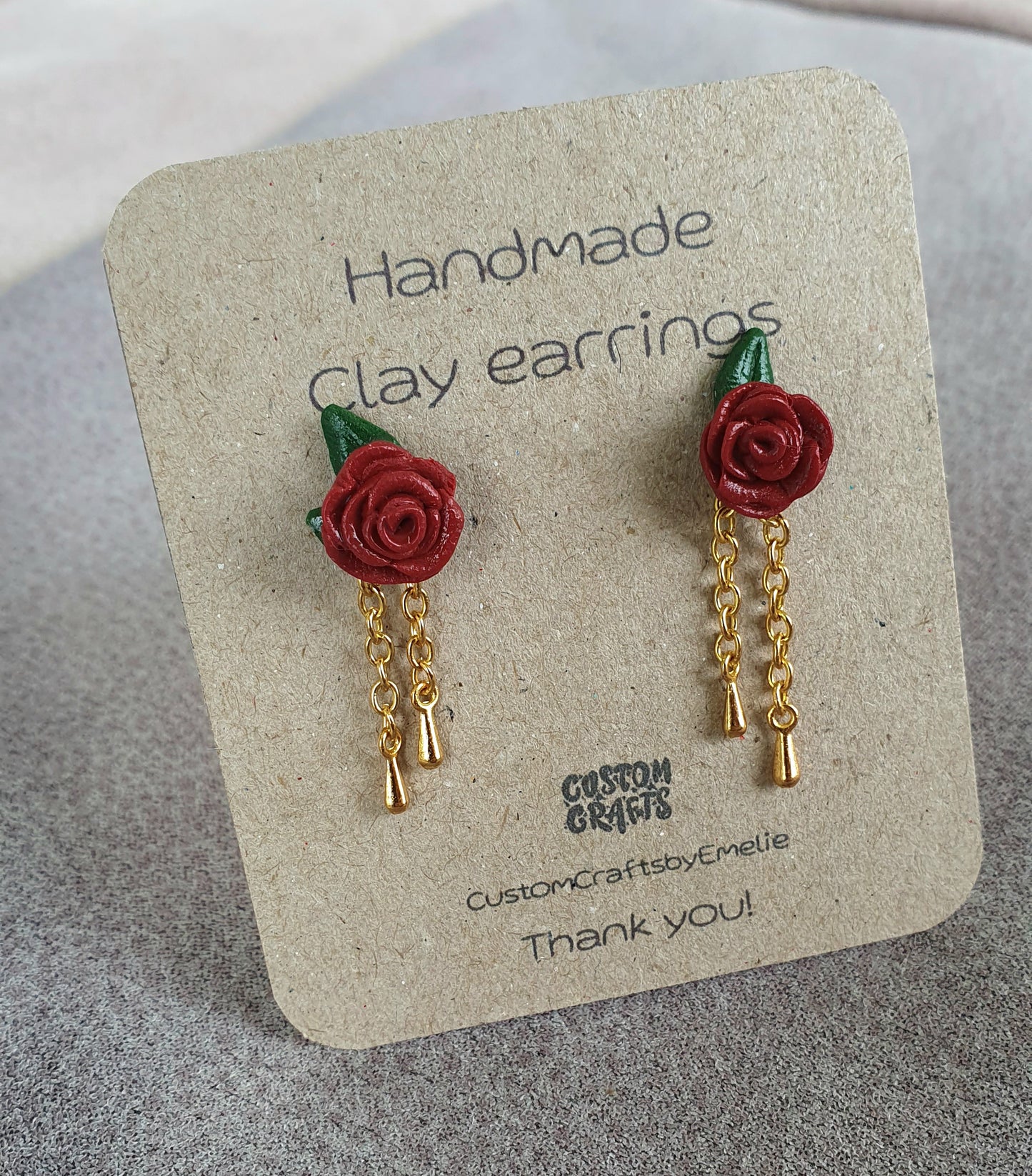 Rose stud earrings with golden chains