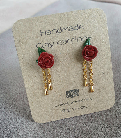 Rose stud earrings with golden chains