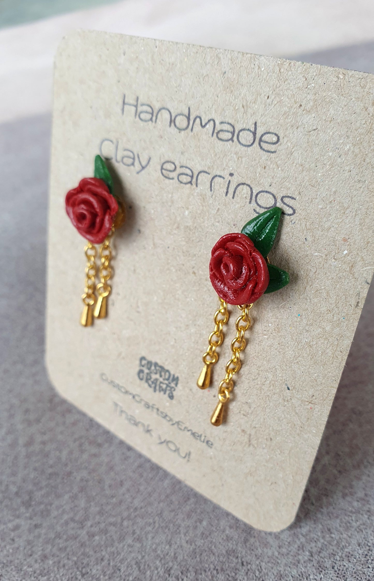 Rose stud earrings with golden chains