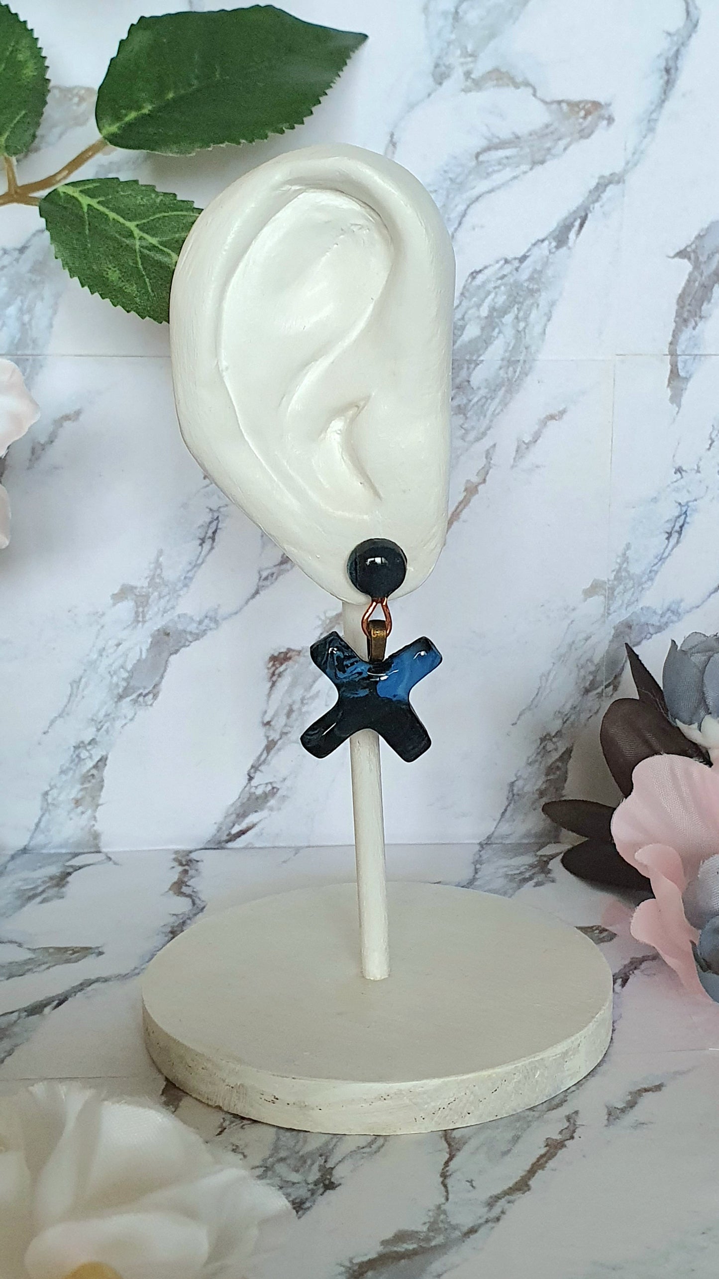 Blue and black crosses - hand made stud earrings