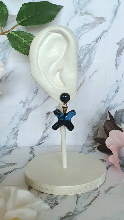 Blue and black crosses - hand made stud earrings