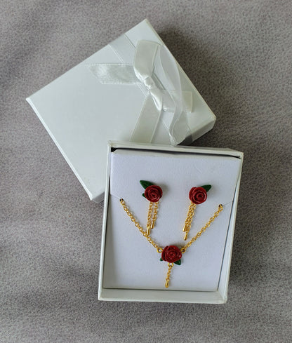 Rose stud earrings and necklace with golden chains, gift set