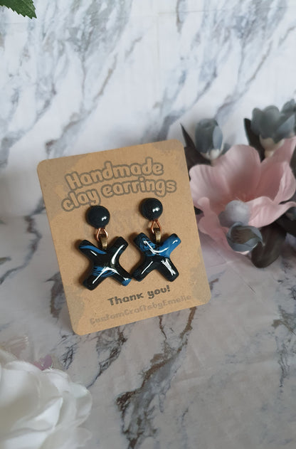 Blue and black crosses - hand made stud earrings
