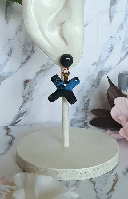 Blue and black crosses - hand made stud earrings