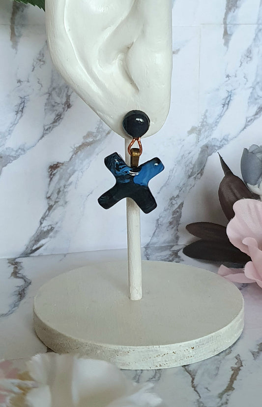 Blue and black crosses - hand made stud earrings