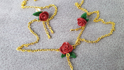 Rose stud earrings and necklace with golden chains, gift set