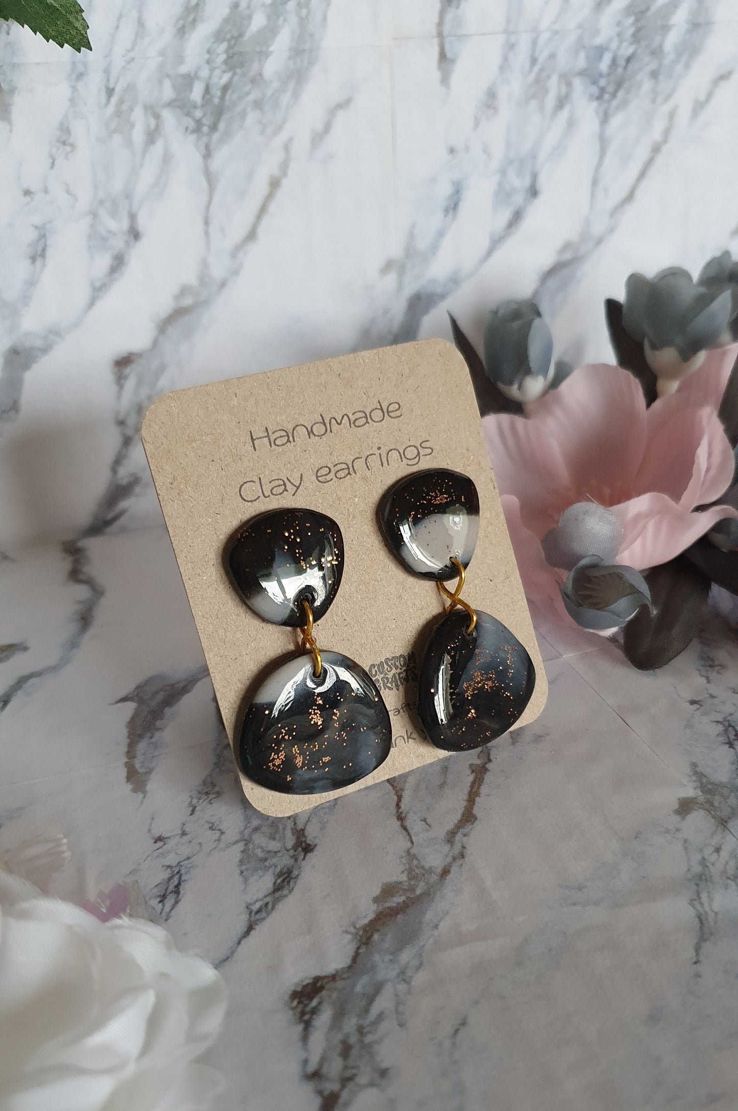 Big black and bronze stud earrings - hand made in polymer clay