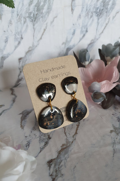 Big black and bronze stud earrings - hand made in polymer clay