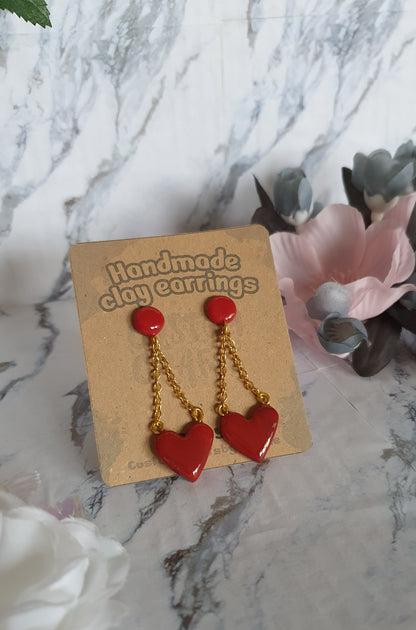 Chained heart stud earrings - hand made in polymer clay