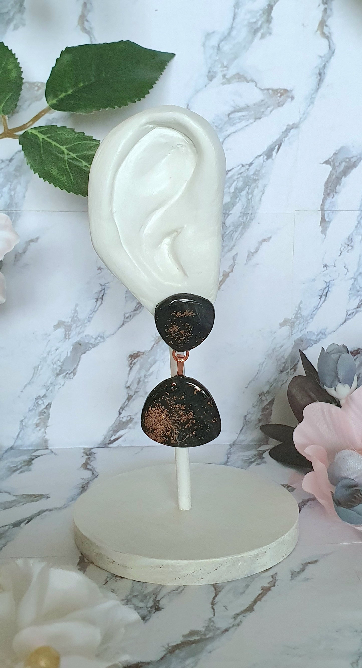 Big black and bronze stud earrings - hand made in polymer clay